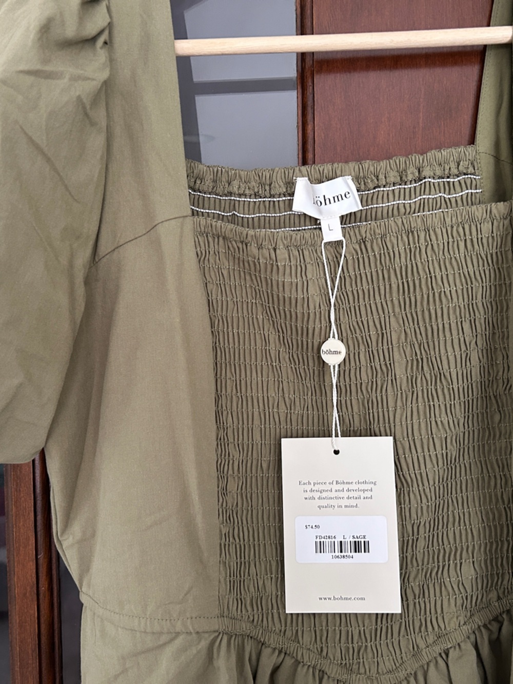 BOHME Olive Green Puff Sleeve Midi Dress